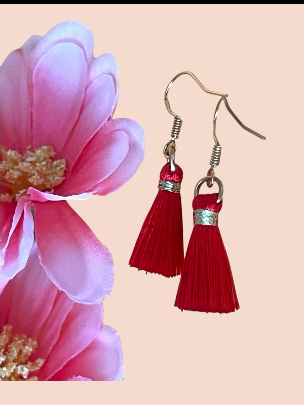 Elegant Red Tassel Earrings gold over silver, stamped .925